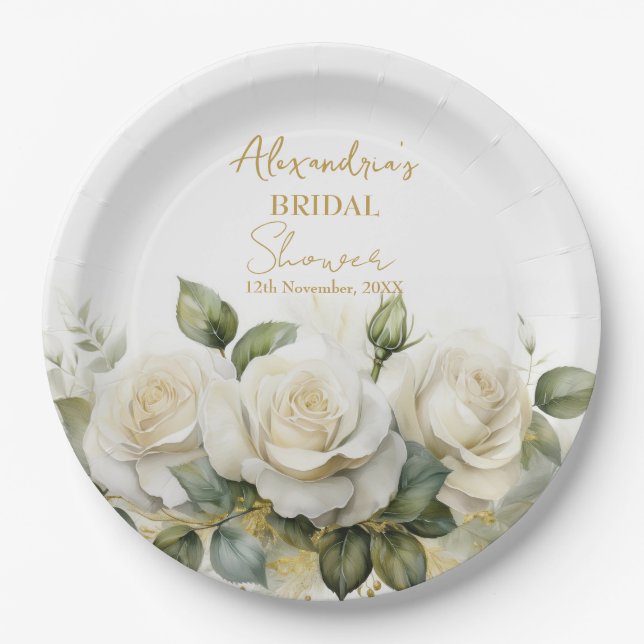 Personalize Bridal Shower White Roses Paper Plates (Front)