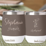 Personalize Bridesmaid Rustic Elegant Thermal Wine Tumbler<br><div class="desc">This tumbler has a beautiful soft peach script font for the name of your Bridesmaid's with sagebrush accents below it on the front and a watercolor wildflower sprig on the back above her title "Bridesmaid" elevating that Rustic feel with a touch of Elegance! The rich Mocha background is just perfect...</div>