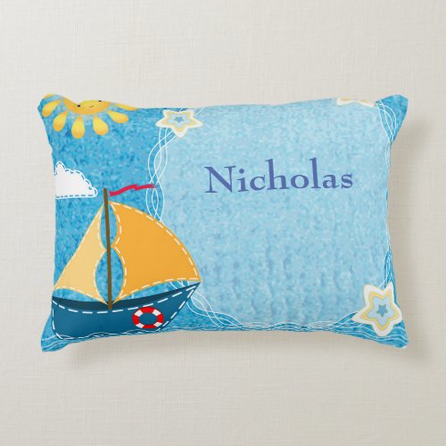 Personalize Bright Yellow Sun Blue Sail Boat    Accent Pillow