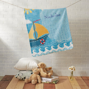 Personalize Bright Yellow Sun Blue Sail Boat Baby Blanket