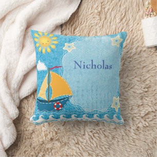 Personalize Bright Yellow Sun Blue Sail Boat Throw Pillow