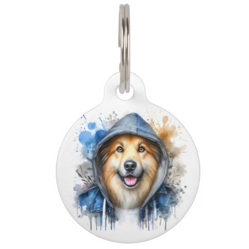 Personalize Brown Dog in a Hoodie Splatter Art Cat Pet ID Tag