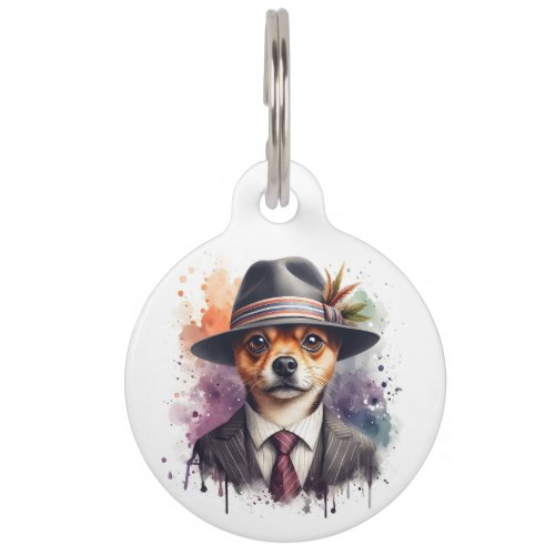 Personalize Brown Dog in Suit Tie Splatter Art Cat Pet ID Tag
