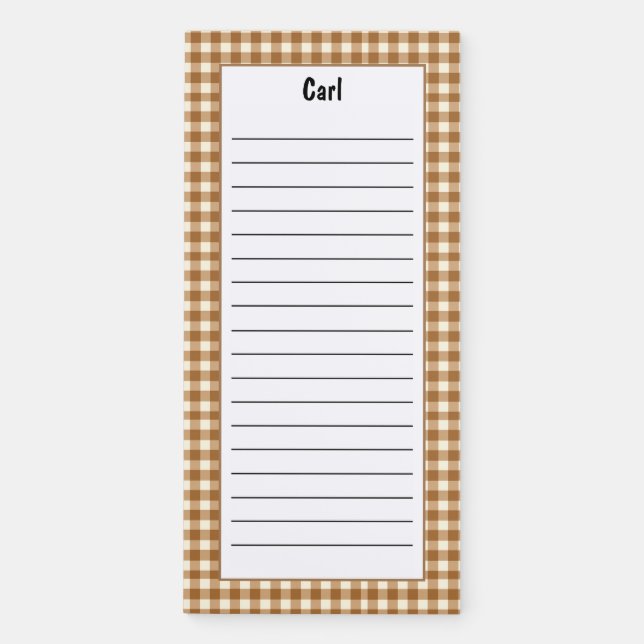Personalize Brown Gingham Custom Minimalist Fridge Magnetic Notepad (Front)