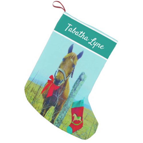 Personalize Brown horse red bow Christmas stocking