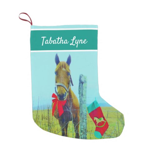 Personalize Brown horse red bow Christmas stocking