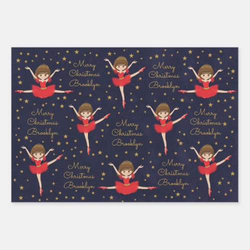 Personalize Brunette Christmas Ballerina Wrapping Paper Sheets