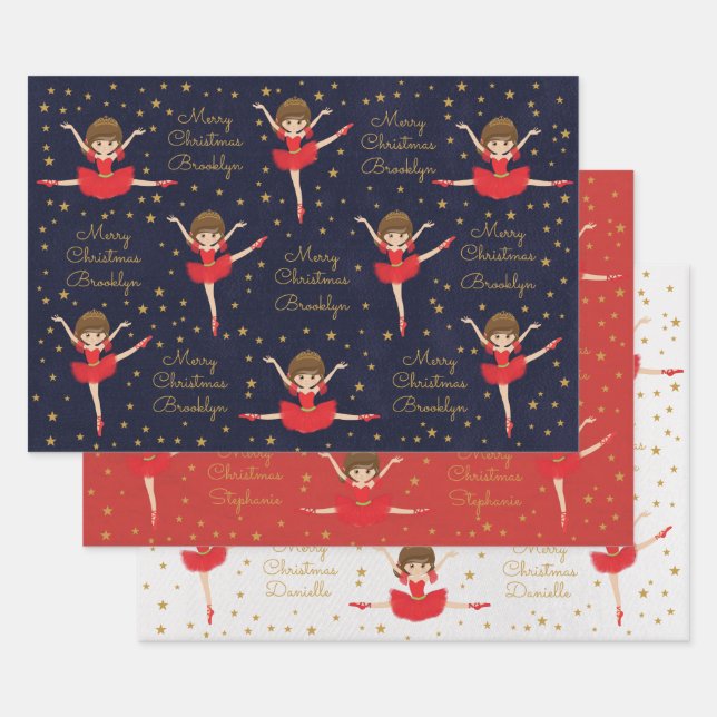 Personalize Brunette Christmas Ballerina Wrapping Paper Sheets (Set)
