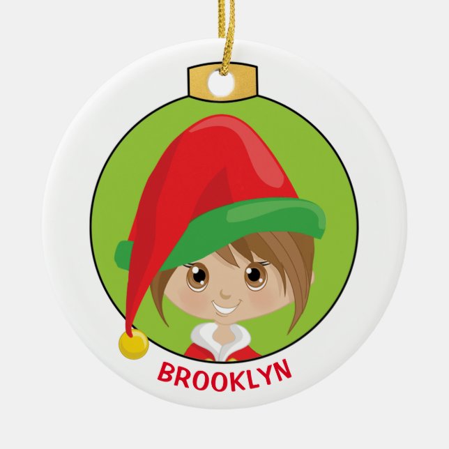 Personalize Brunette Girl Elf Ceramic Ornament (Front)