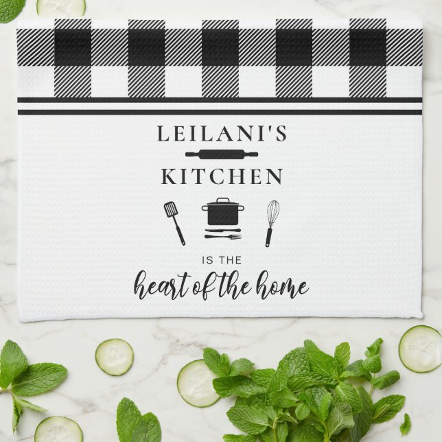Personalize Buffalo Plaid Kitchen Heart Home White Kitchen Towel (Folded)