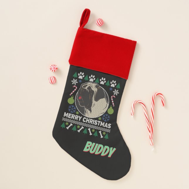 Personalize BullMastiff Dog Ugly Christmas Sweater Stocking (Front)