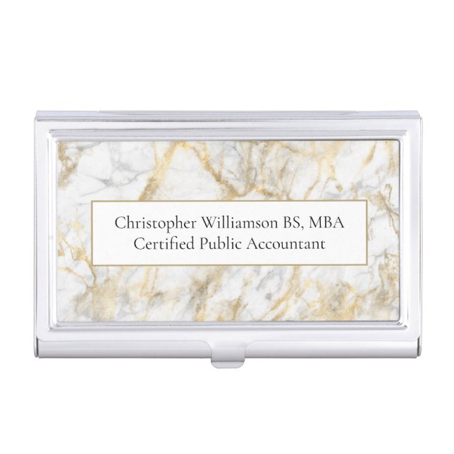 Personalize Business Gold White Gray Marble Business Card Case (Front)