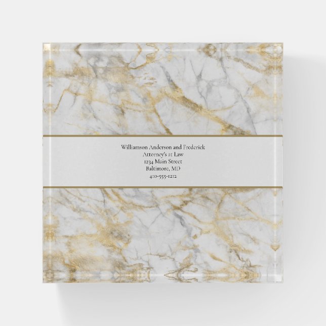 Personalize Business Gold White Gray Marble  Paperweight (Front)
