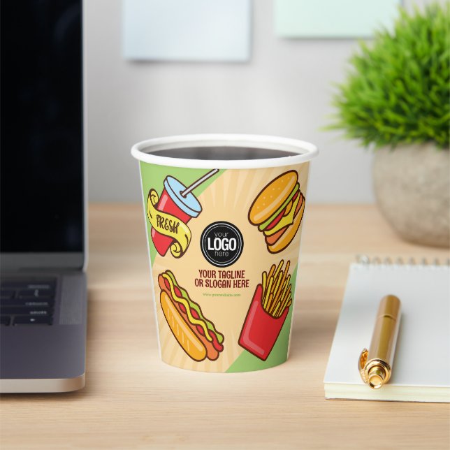 Personalize Business Logo | Hamburger Hotdog Theme Paper Cups (Insitu)