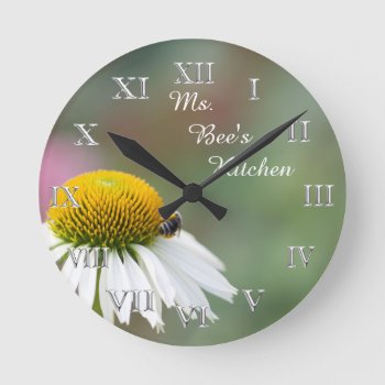 (personalize)busy Bee Flower Silver Roman Numerals Round Clock by Scotts_Barn at Zazzle