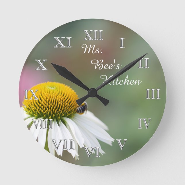 (Personalize)Busy Bee Flower Silver Roman Numerals Round Clock (Front)