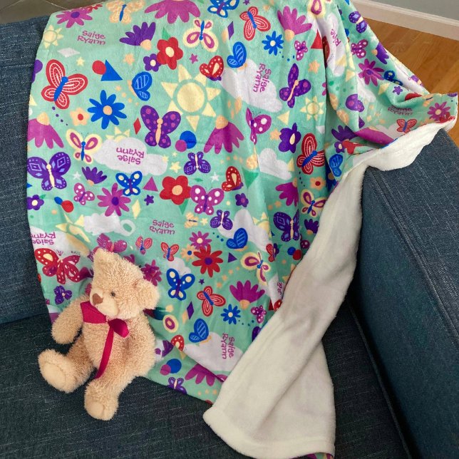 Personalize Butterfly Garden Fun Shapes Sage Green Fleece Blanket (Creator Uploaded)