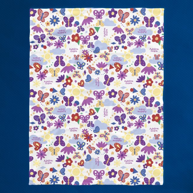 Personalize Butterfly Garden Fun Shapes White Fleece Blanket (Creator Uploaded)