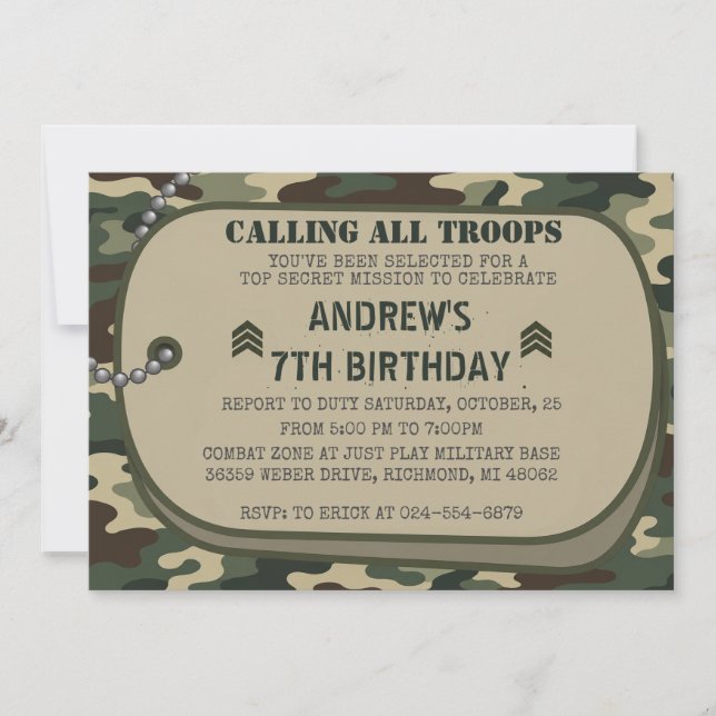 Personalize Camo Military Birthday Party Invitation (Front)
