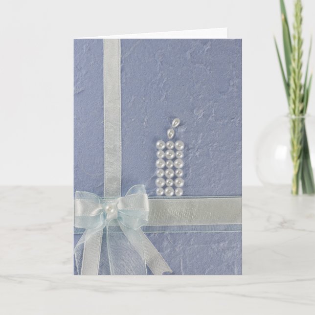 Personalize Candle with white pearls, bow Baptism Card (Front)