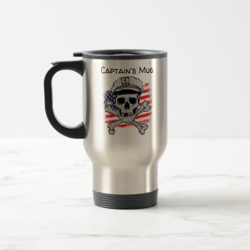 Personalize Captains Skull Cap  USA Flag Travel Mug