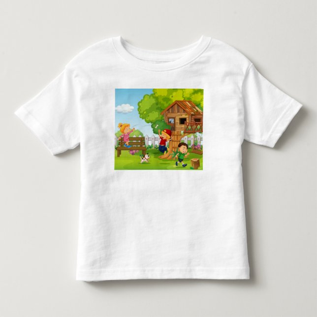 Personalize Cartoon Backyard Play Puppy Children Toddler T-shirt (Front)