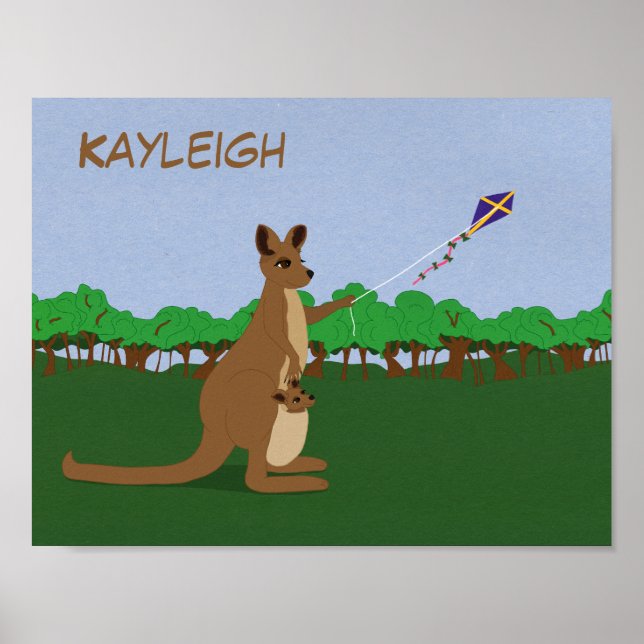 Personalize Cartoon Kangaroos Flying a Kite Poster (Front)