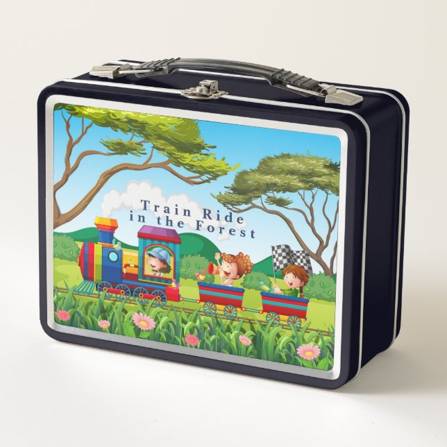 Personalize Cartoon Style Train Ride in Forest  Metal Lunch Box (Front)