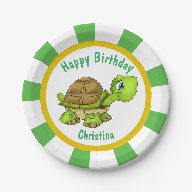 Personalize cartoon turtle birthday party paper plates (Front)