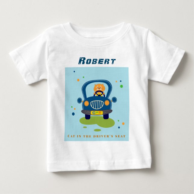 Personalize Cat in Cute Blue Car Baby T-Shirt (Front)