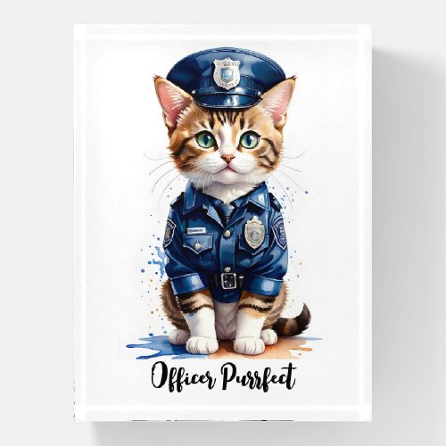 Personalize Cat in Police Uniform Watercolor Art Paperweight