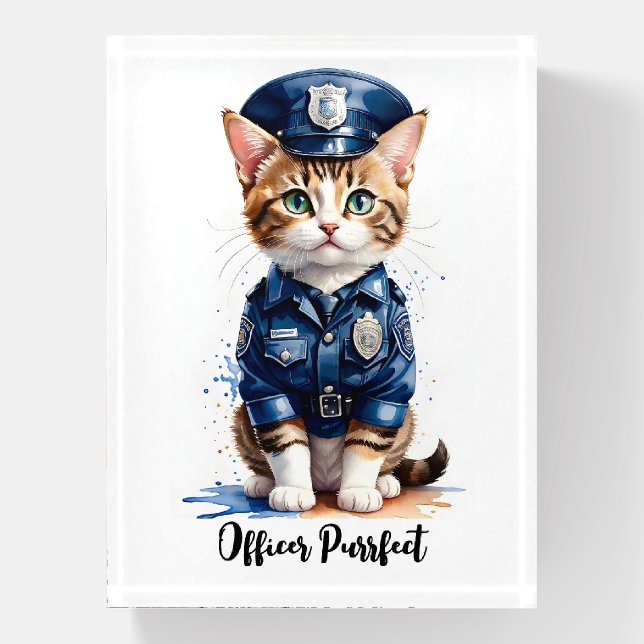 Personalize Cat in Police Uniform Watercolor Art Paperweight (Vertical)