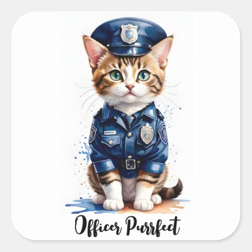 Personalize Cat in Police Uniform Watercolor Art Square Sticker