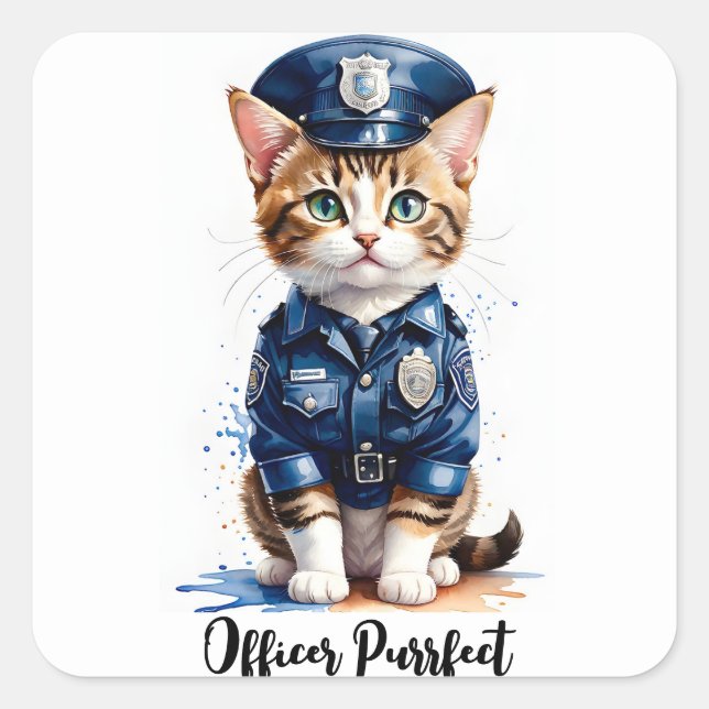 Personalize Cat in Police Uniform Watercolor Art Square Sticker (Front)