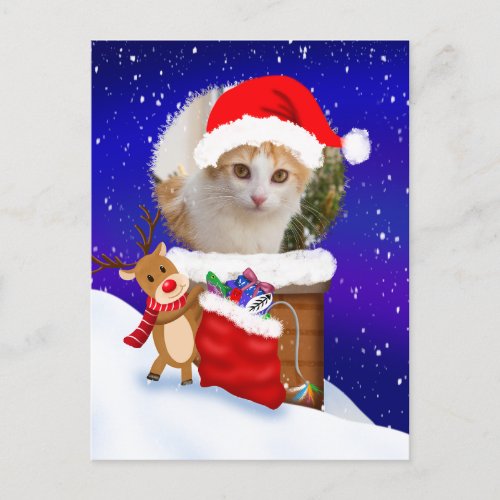 Personalize Cat Santa Rooftop Reindeer With Gifts  Postcard