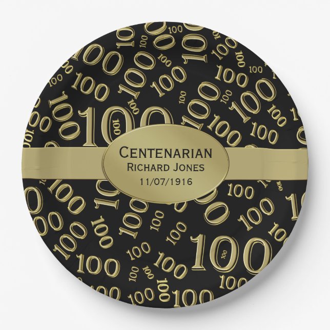 Personalize:  Centenarian, 100th Birthday Theme Paper Plates (Front)