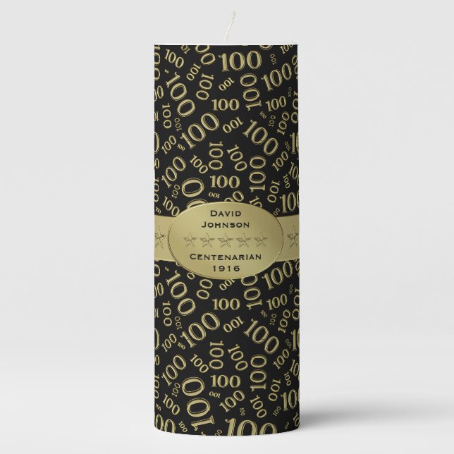 Personalize:  Centenarian, 100th Birthday Theme Pillar Candle (Front)