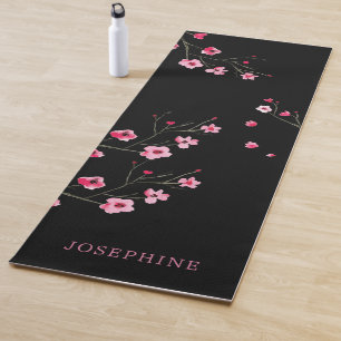 Personalize Cherry Blossom Sakura watercolor black Yoga Mat