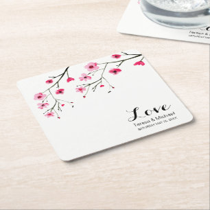 Personalize Cherry Blossom Watercolor Wedding Square Paper Coaster