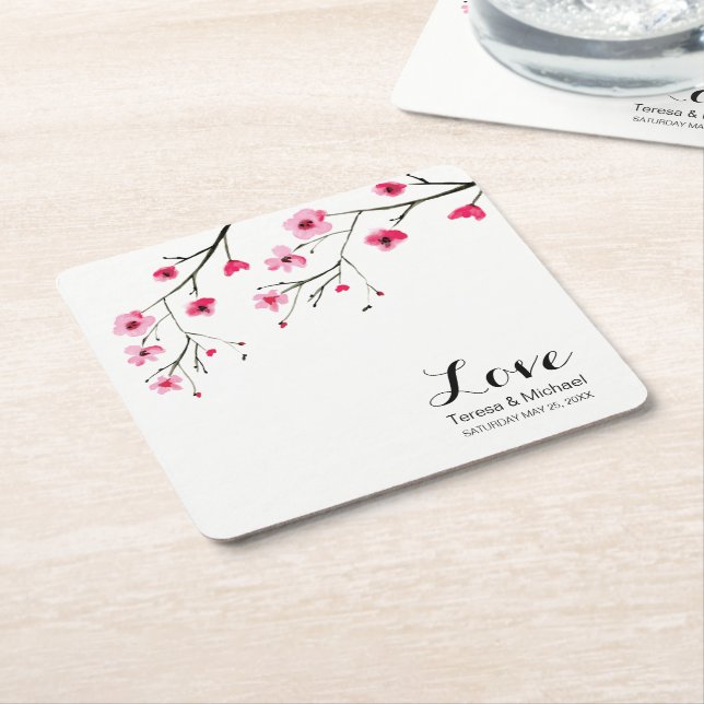 Personalize Cherry Blossom Watercolor Wedding Square Paper Coaster (Angled)