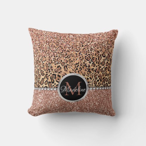 Personalize Chic Girly Rose Gold Glitter Leopard Throw Pillow