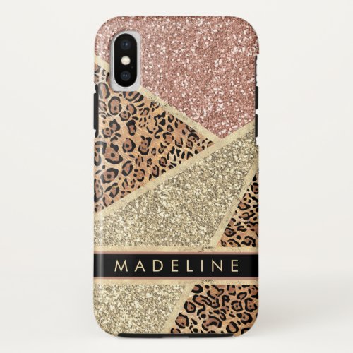 Personalize Chic Striped Rose Gold Glitter Leopard iPhone XS Case