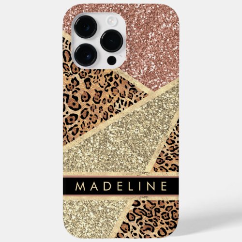 Personalize Chic Striped Rose Gold Glitter Leopard Case_Mate iPhone 14 Pro Max Case