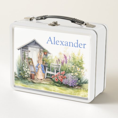 Personalize Child Name Peter the Rabbit garden Metal Lunch Box