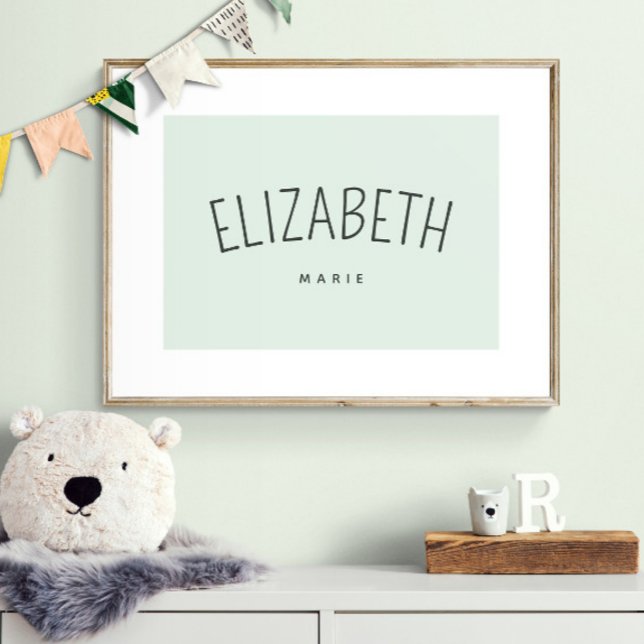 Personalize Child Name Playroom Decor Soft Green (Shown framed. Print is designed with a white border which gives the illusion of a mat.)