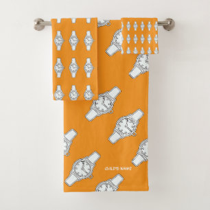 Personalize Child's Name Watch The Time Orange Bath Towel Set