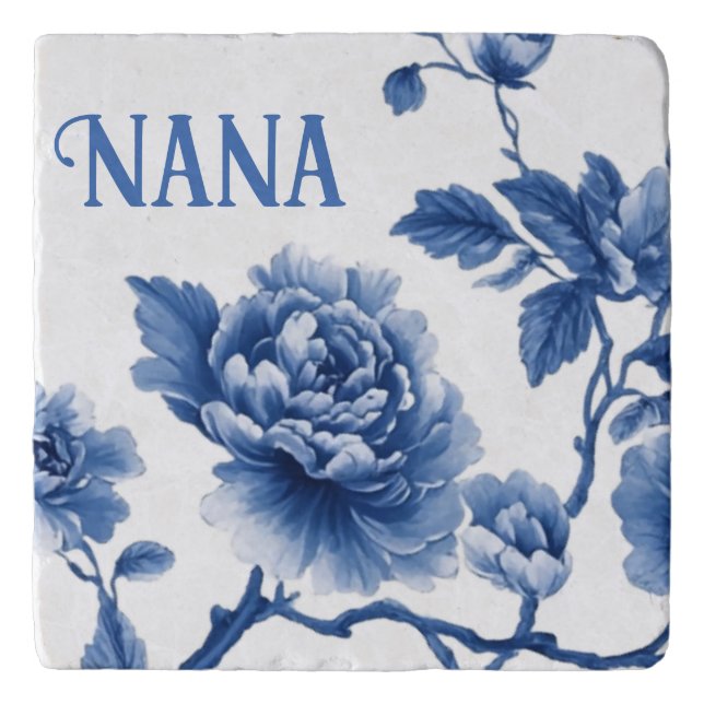 Personalize Chinoiserie Blue White Roses Nana Trivet (Front)