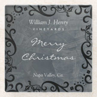 Personalize Christmas Black Scroll Wine Glass Coaster