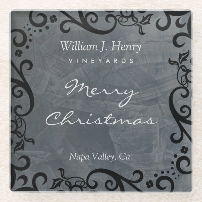 Personalize Christmas Black Scroll Wine Glass Glass Coaster (Front)