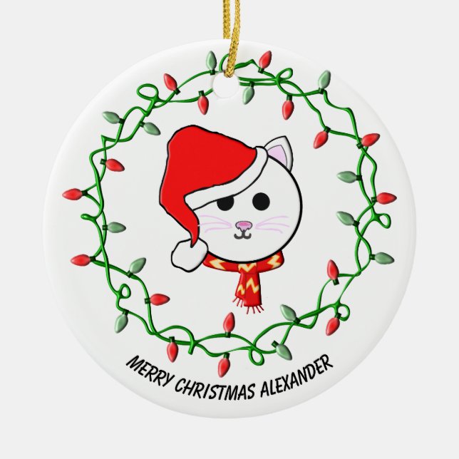 Personalize Christmas Cat Ceramic Ornament (Front)